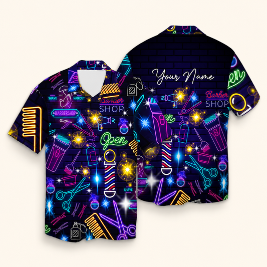Personalized Neon Barbershop Hawaiian Shirt for Barbers