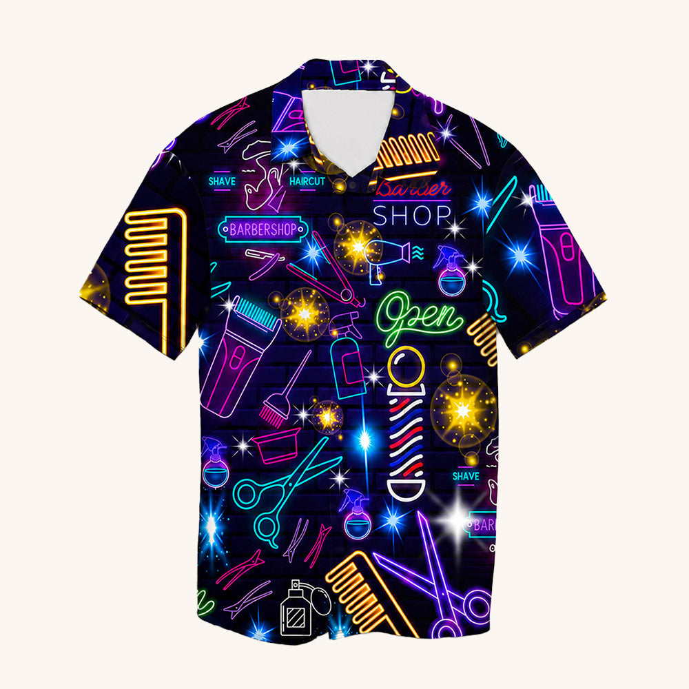 Personalized Neon Barbershop Hawaiian Shirt for Barbers
